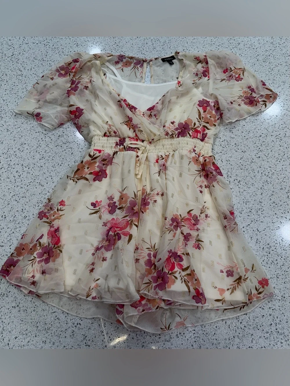 Zunie Cream Floral Chiffon Romper with Pink and Purple Blooms